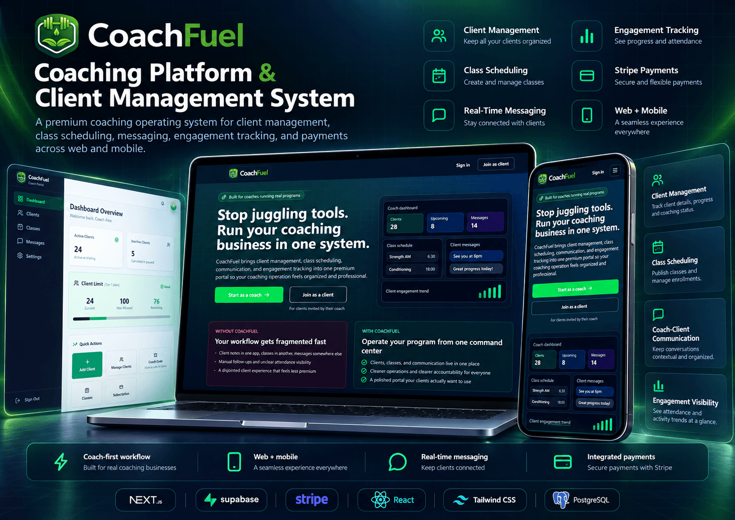 CoachFuel coaching platform shown on laptop and phone, with the coach dashboard and landing page