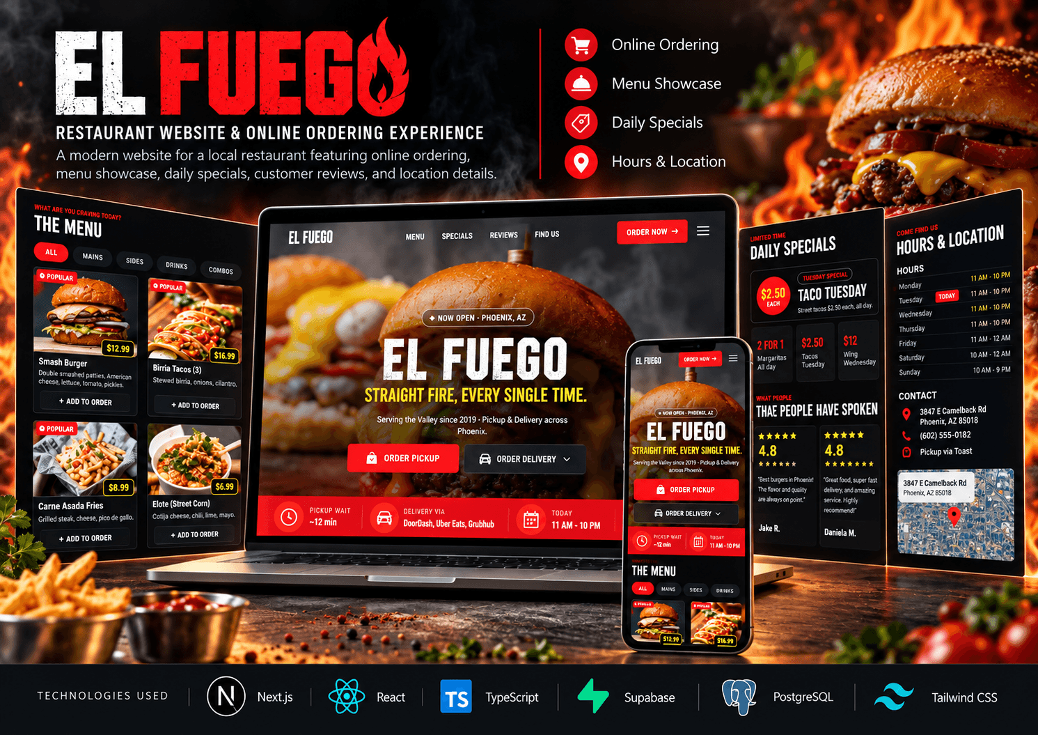 El Fuego restaurant site shown on laptop and phone