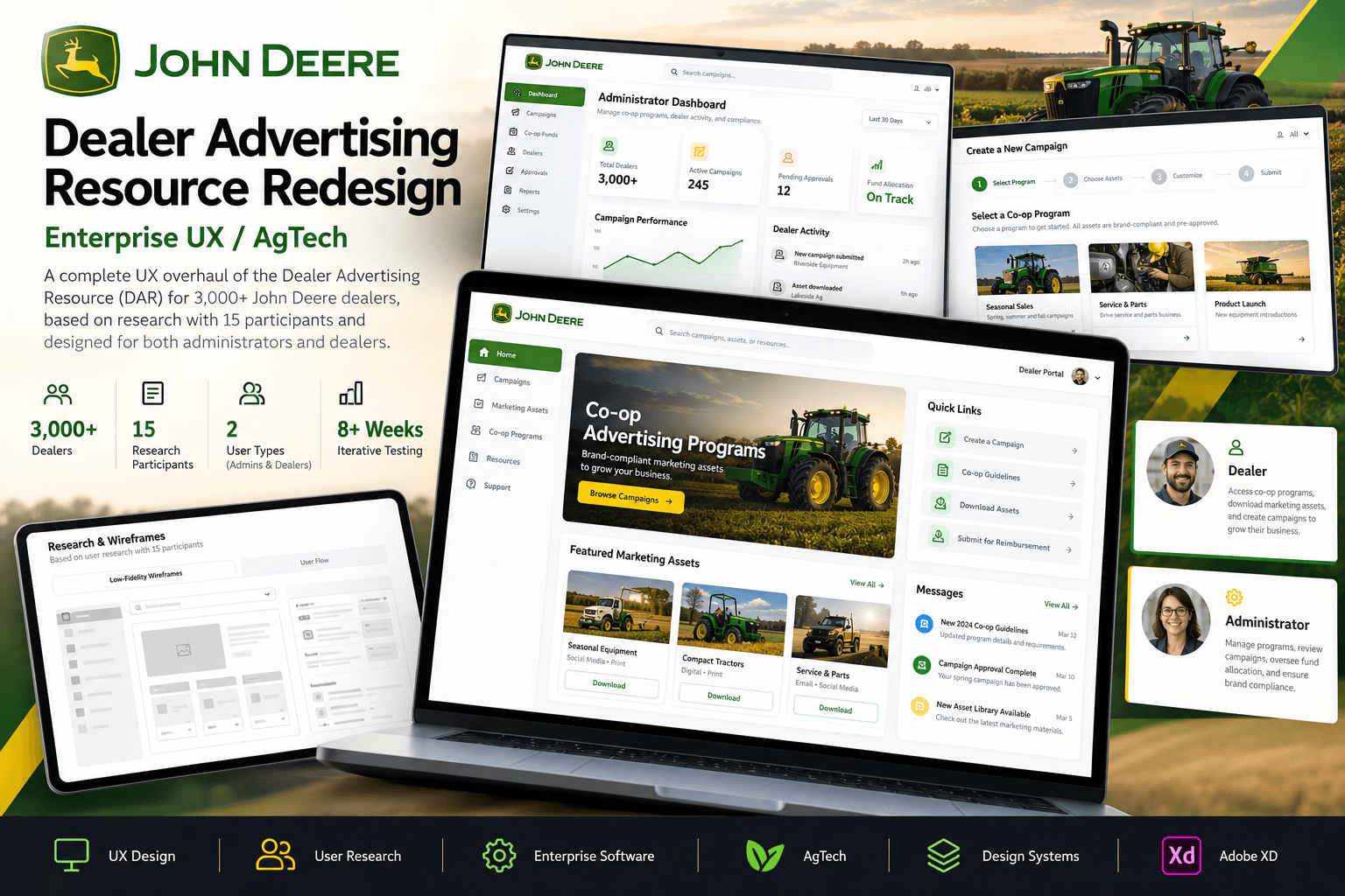 John Deere Dealer Advertising Resource redesign shown on laptop and tablet screens