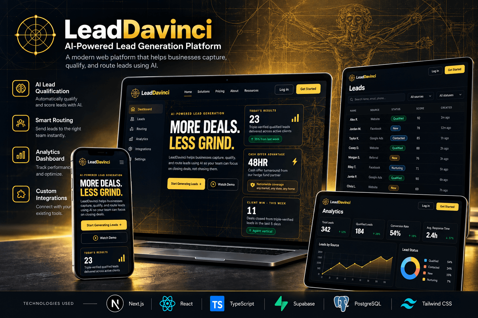 LeadDavinci lead generation site shown on laptop and phone