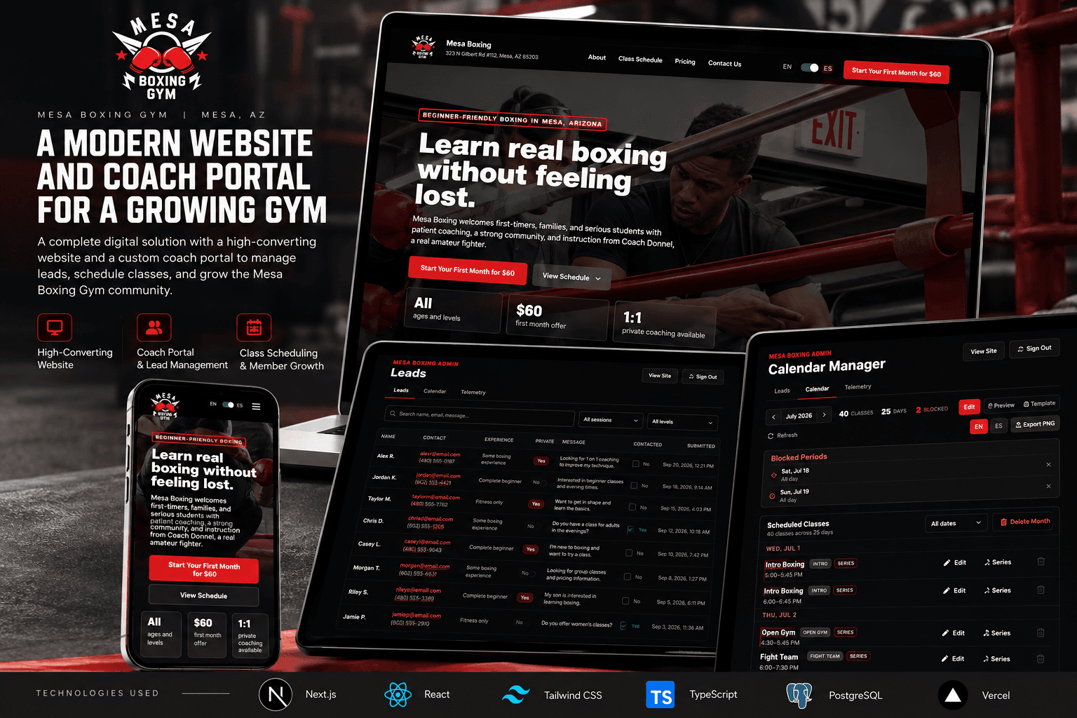 Mesa Boxing Gym site shown on laptop and phone, with the coach portal on tablet screens