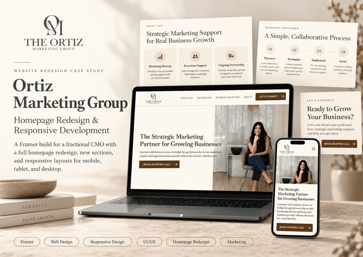 Ortiz Marketing Group homepage shown on laptop and phone