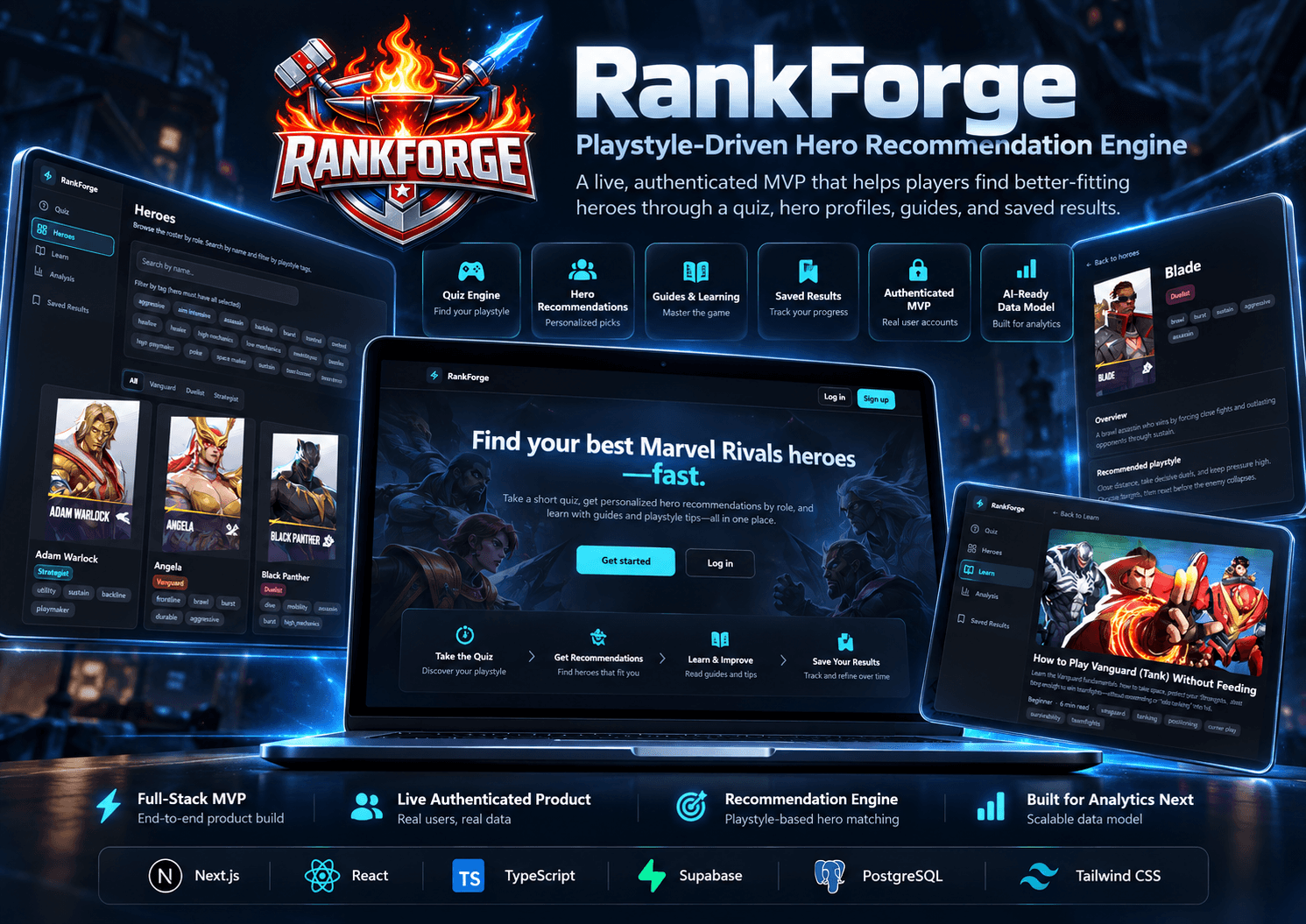 RankForge hero recommendation engine shown on laptop and tablet screens, with the quiz landing page and hero roster