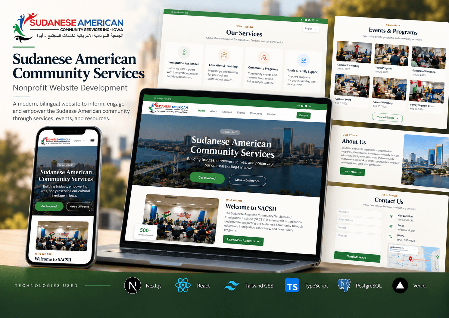 Sudanese American Community Services site shown on laptop and phone
