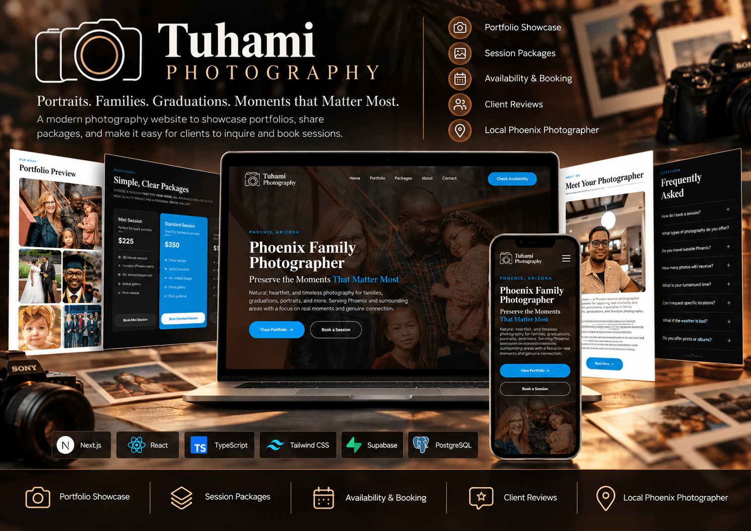Tuhami Photography site shown on laptop and phone, with portfolio, packages and FAQ panels
