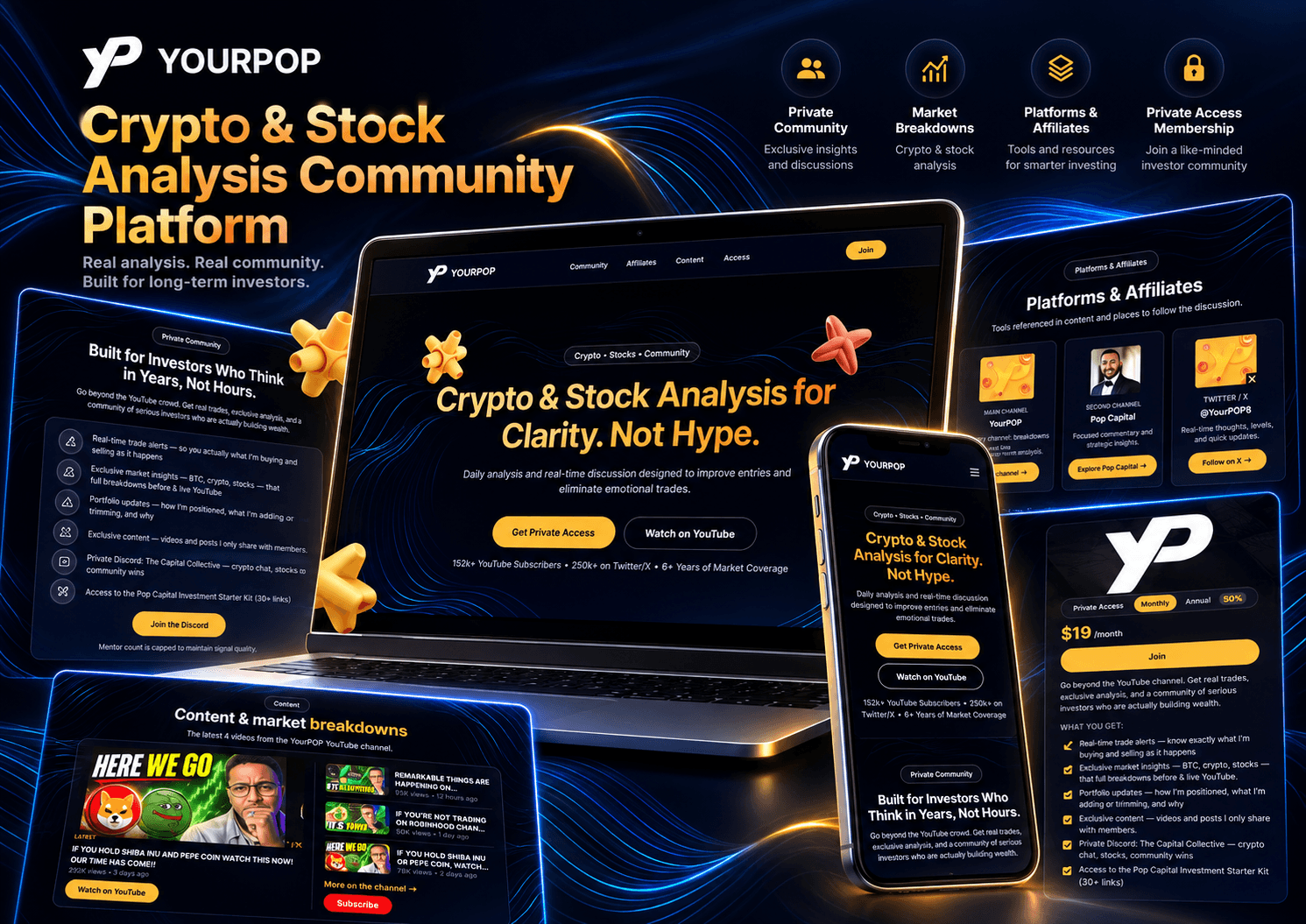 YourPOP crypto and stock analysis site shown on laptop and phone