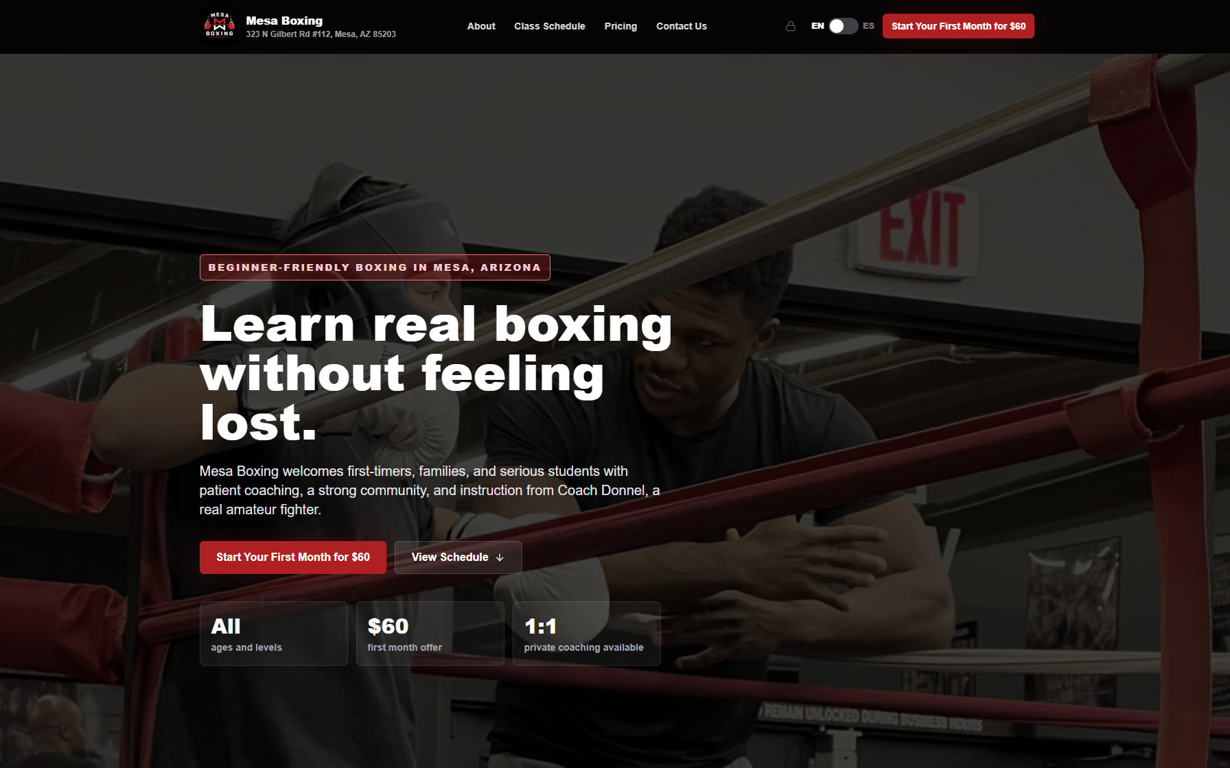 After: the rebuilt Mesa Boxing homepage as a custom Next.js app, headlined 'The gym is paused, train with Coach Donnel online', over a photo of a coaching session in the ring