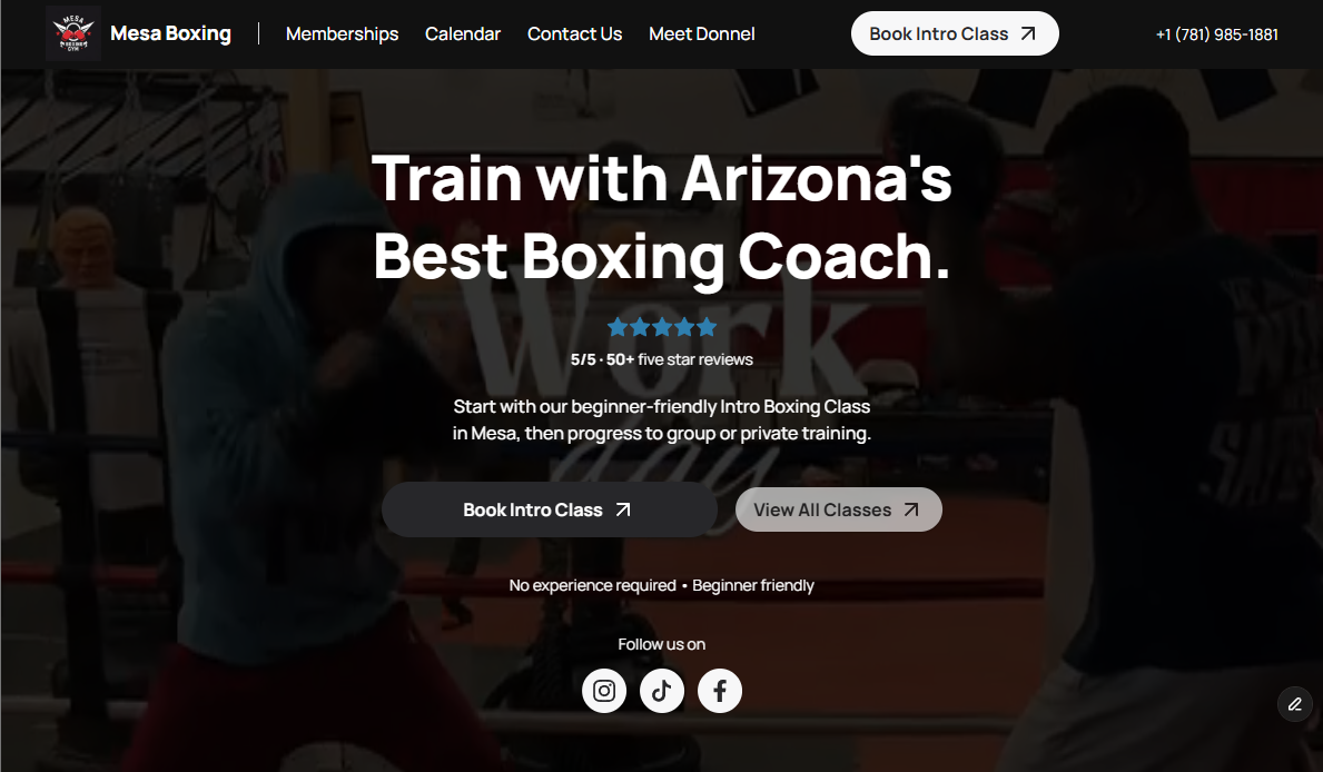 Before: the original Mesa Boxing homepage, built in Framer