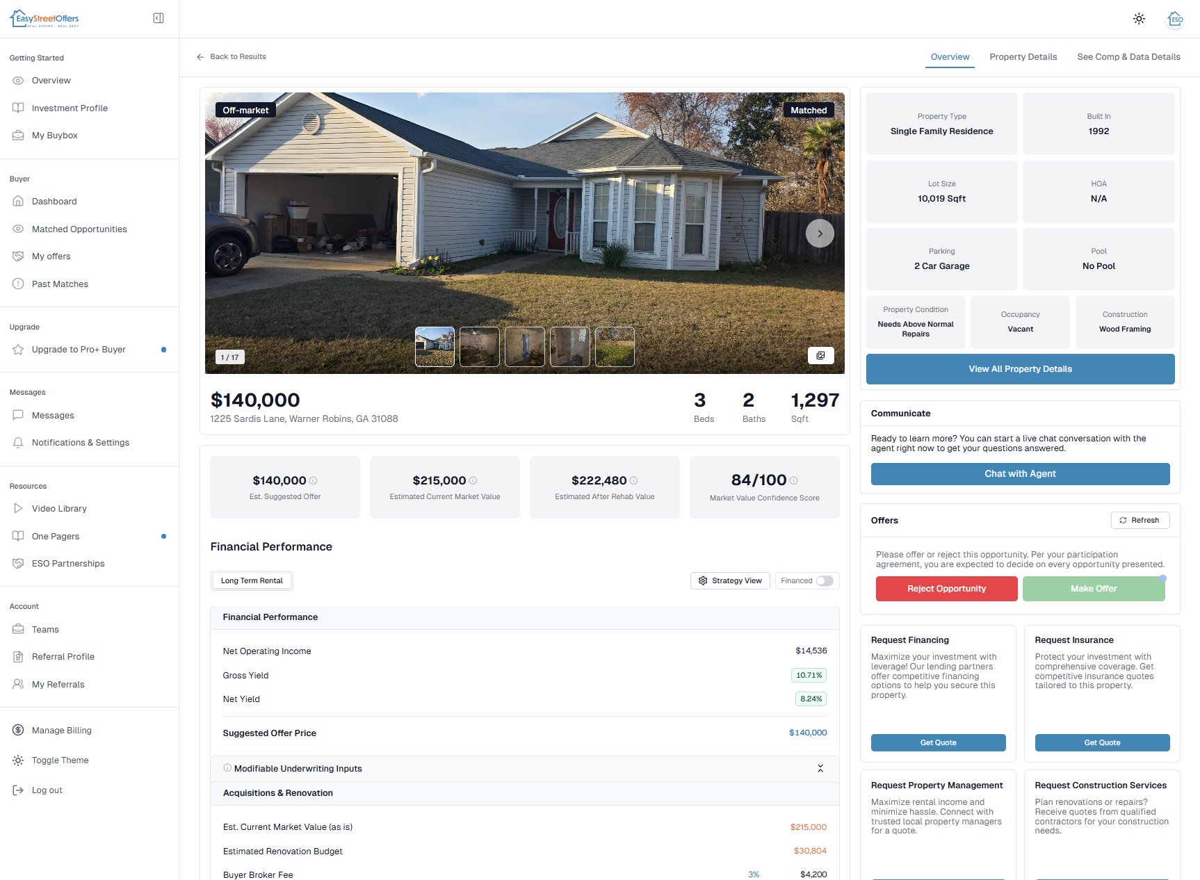 Property detail page with financial performance data