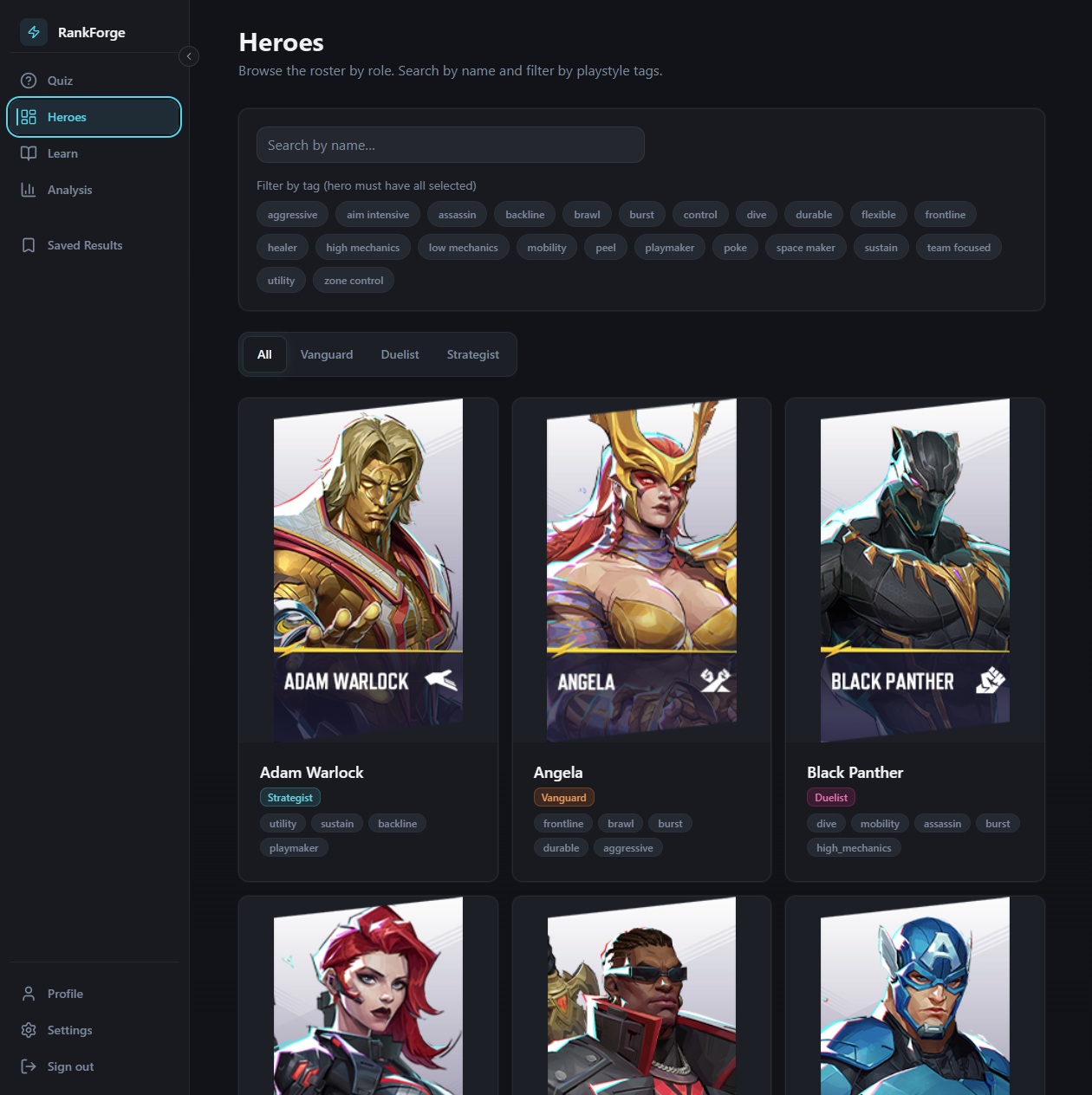 RankForge heroes page — full roster with role classification